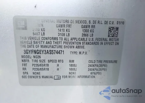 2010 Cadillac Srx Standard z USA, uszkodzony, nr VIN 3GYFNGEY3AS574471
